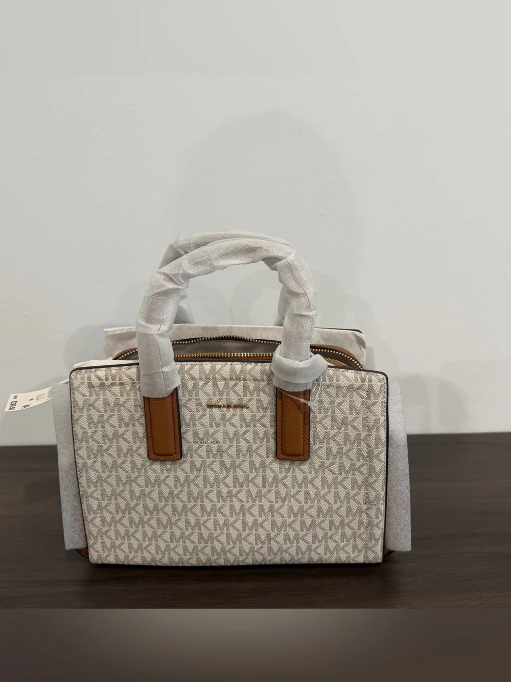 Michael Kors Cream MK Logo Satchel with Brown Trim